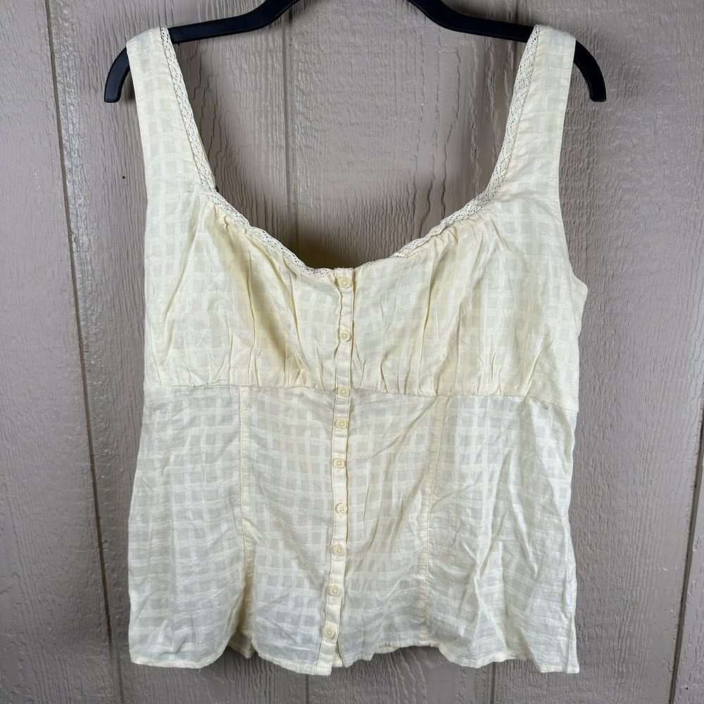Hollister Tank Top Size XL Butter Yellow Cotton Lace Trim Button Front Coquette